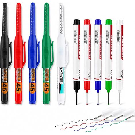 10 Marqueur Trou Profond à Pointe Fine 20/45 mm, Marqueur Pointe Fine Imperméables pour Charpentier et Chantier, Marqueur Marquage Précis Bois Métal Plastique Carton (Noir, Bleu, Rouge, Blanc, Vert) (1/5)