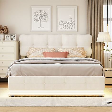 Lit coffre 160x200 cm, litcapitonné avec éclairage LED, port USB et rangement, lit double avec tete de lit pour adultes et adolescents, velours, beige (1/5)