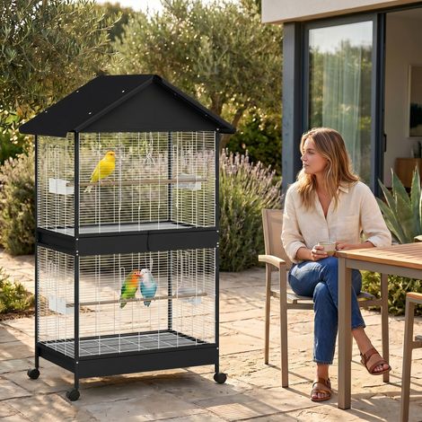 Grande volière, cage à oiseaux avec cloison amovible, 2 portes, 2 perchoirs en bois, roulettes, 2 coupelles, 4 distributeurs de nourriture, XXL (1/5)