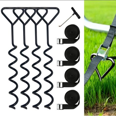 Juego de 4 anclajes para cama elástica，Anclajes de tornillo para cama elástica，Anclajes de tornillo resistentes al viento con correas de tensión (1/3)