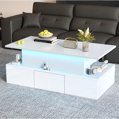Couchtisch 100x50x40 cm weiß MDF hochglänzend mit Liftfunktion, LED und 4 Schubladen (1/5)