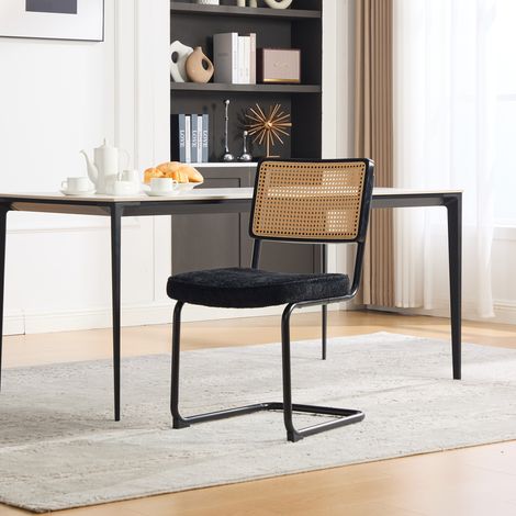 Chaise de salle à manger en rotin moderne, piètement métal noir, style vintage, dossier cannage synthétique, assise rembourrée chenille, pour cuisine, salon, chambre - Noir (1/5)
