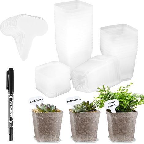 Lot de 30 pots de culture, transparents, avec soucoupe, en plastique, diamètre : 7 cm, mini pots carrés, pour semences, plantes succulentes, semis, blancs (1/5)
