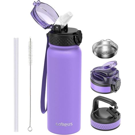 Wasserflasche Edelstahl Strohhalm Auslaufsicher BPAfrei 600 ml Lila (1/5)