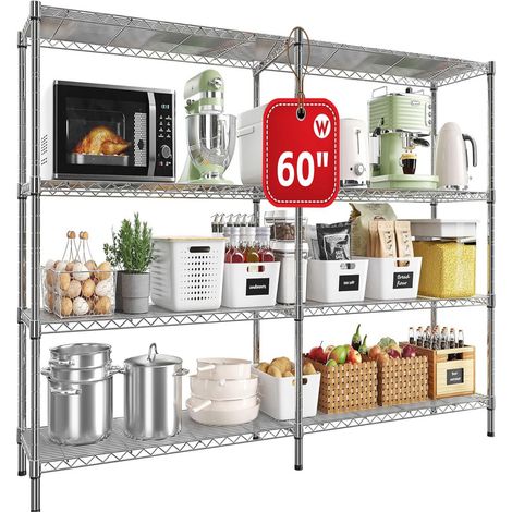 Étagères Métallique de rangement 35 x 152 x 152 cm à 4 niveaux, Coin étagères métalliques réglables pour le rangement, étagères de garage, garde-manger, étagères de cuisine, Argent (1/5)