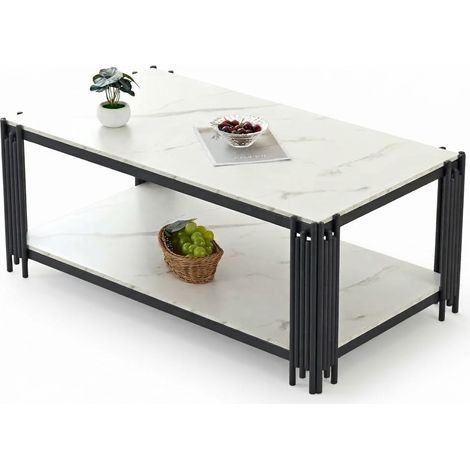 ELVMI Tavolino da Salotto Rettangolare con 2 Ripiani, Piano Effetto Marmo e Gambe in Metallo, Soggiorno, MDF, Bianco Nero (1/5)
