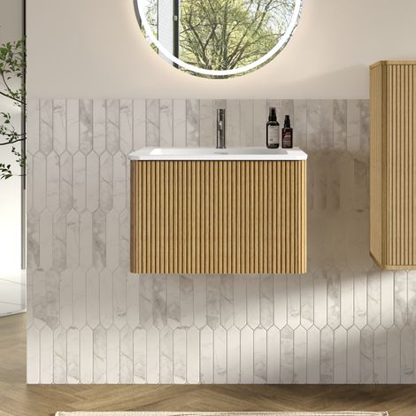 Lavabo avec meuble sous-vasque pour petites salles de bains, vasque en fonte minérale, design rainuré, meuble de salle de bains mural de 60 cm, couleur chêne naturel, pré-assemblé (1/5)