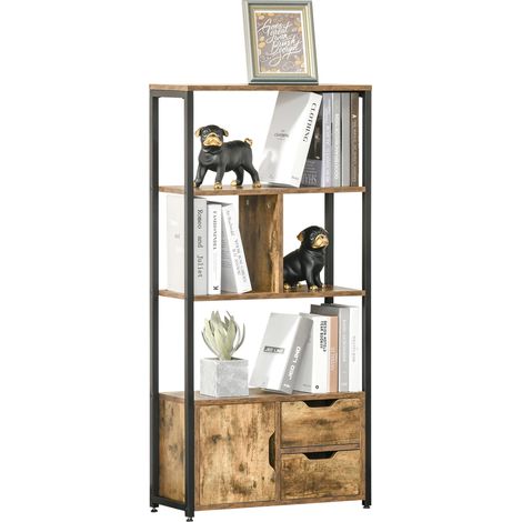 Mobile Libreria con 3 Ripiani, Armadietto e 2 Cassetti, Libreria Stile Industriale in Truciolato e Metallo, 58x24x122 cm, Nero e color Legno