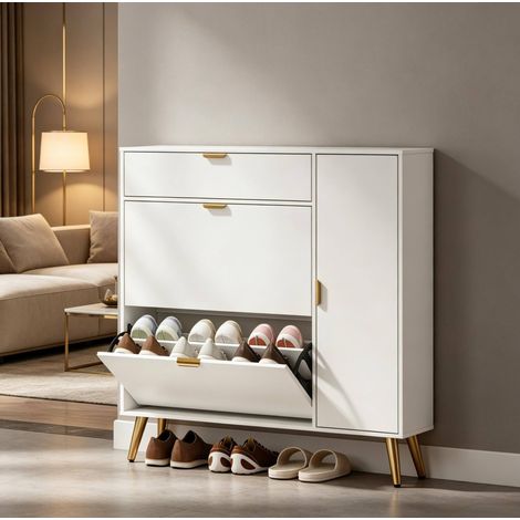 Zapatero 99,4x23,8x106,6 cm, con 2 compartimentos abatibles, 3 estantes laterales, MDF, blanco (1/5)