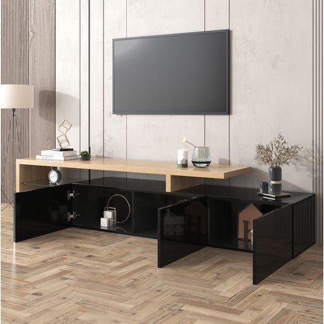 Mueble TV 197,5x39x42 cm de MDF negro y madera, con almacenaje, moderno para salón FloraGrace (1/5)