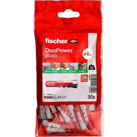 Fischer – Lot de 30 chevilles bi-matière DUOPOWER Ø8 x 40 mm – Pour béton armé et matériaux creux – Charge élevée – Sans vis (1/5)
