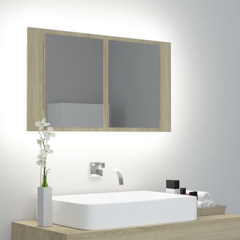 Meuble de salle de bain Armoire de salle de bain à miroir à LED Chêne sonoma 80x12x45cm (1/5)