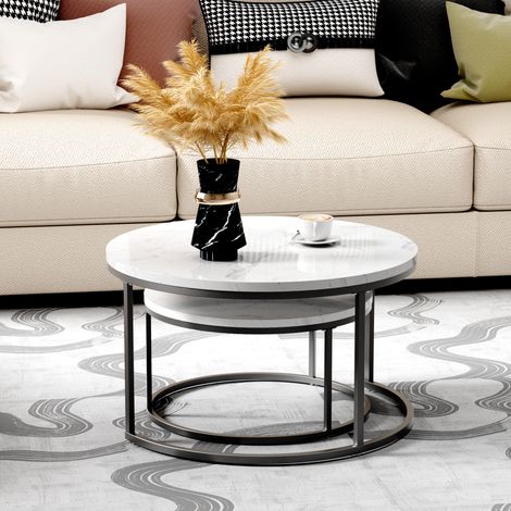 Tavolino da salotto Set da 2 pezzi con piano effetto marmo e struttura in metallo per il soggiorno OKMYHOME (1/5)