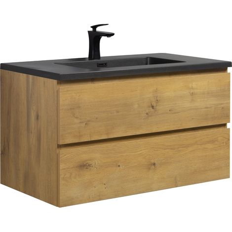 Badplaats Set Mobili Bagno Angela 90 cm - Rovere - Mobile con Lavabo Nero