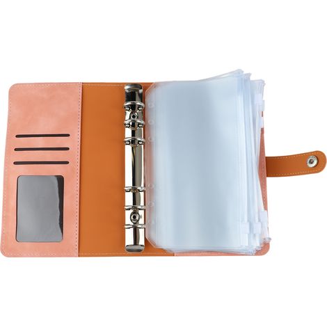 Portefeuille A6 à multiples pochettes, anneaux en acier inoxydable, couverture en cuir PU, organiseur de budget pour bureau, école, entreprise, rose (1/5)
