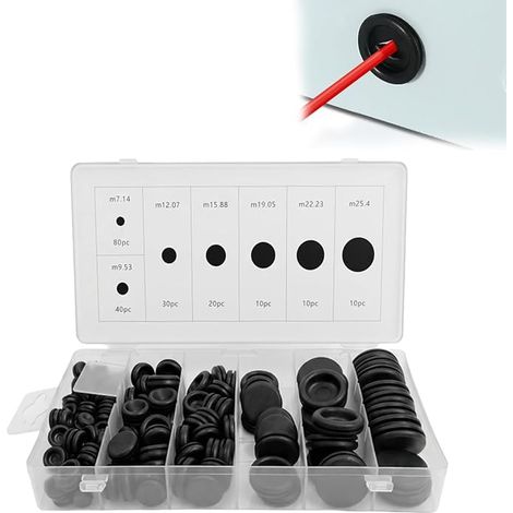 Bouchons en Caoutchouc, Assortiment Oeillet en Caoutchoucs, Passe Fils Caoutchouc de Trou, Plaque Caoutchoucs Cache Trou pour Bouchons, Voitures, Conduites d'eau, Pompes(Noir) Assortiment de bouchons (1/5)