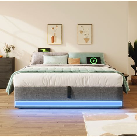 Bett Doppelbett Stauraum 140x200 Leinen USB LED OKMYHOME (1/5)