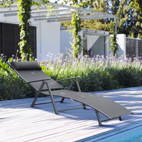 Chaise longue de jardin pliante avec coussin, dossier inclinable 7 positions, 137 x 63,5 x 100,5 cm, grise