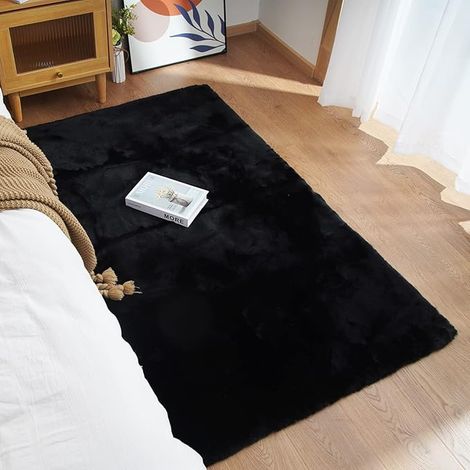 Tapis noir pour salon 80 x 160 cm tapis en fourrure à fourrure longue tapis en fourrure artificielle tapis en fourrure lavable (1/5)