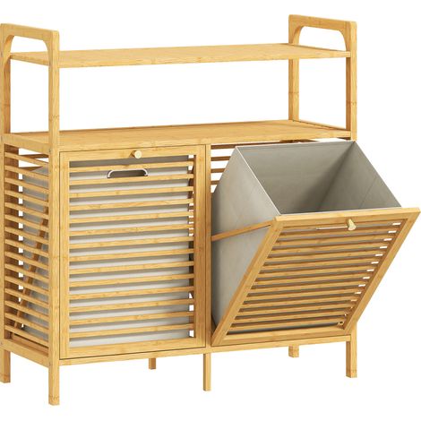 Mobile Bagno a Doghe con Cesti Portabiancheria 82x33x88 cm Capienza 41L in Bambù e Poliestere Crema (1/5)