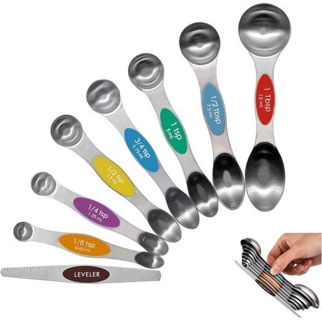 Cucharas medidoras apilables de acero inoxidable: cucharas soperas aptas para medir ingredientes secos y líquidos (juego de 8 con soporte m，acero