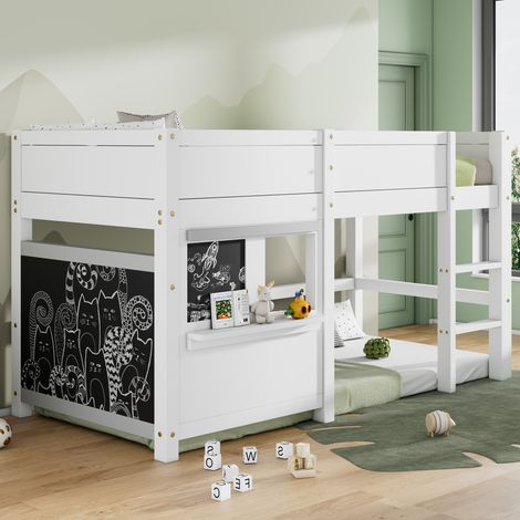 Hochbett für Kinder 90 x 200 cm mit Tafeln und Ablage, Weiß HAVRYA (1/5)