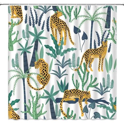 Rideau de douche bohème guépard, rideau de salle de bain léopard tropical, rideau de salle de bain rose moderne à motif floral bleu et phases de lune, 300 x 180 cm - 118 x 70 pouces