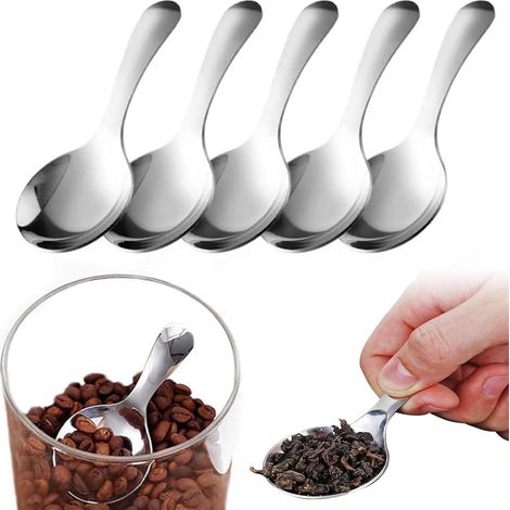Lot de 5 Mini-pelles à Manche Court, Mini-pelles argentées pour boîtes de Conserve, Petites pelles en Acier Inoxydable pour café, Bonbons, sel, Sucre, thé et Desserts (Argent) (1/5)