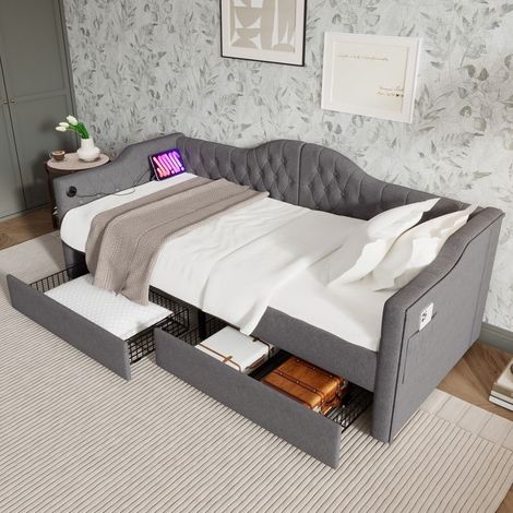 Lit jour - KOMHTOM - 90x190 - Lin gris - 2 tiroirs - Port USB Type-C (1/5)