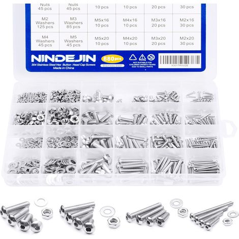 880PCS Assortiment Vis Inox M2 M3 M4 M5 Métrique à Tête Ronde et Plate Boulon à Douille Hexagonale, Écrous Ronds, Rondelles Métal, Clé à Vis (1/5)
