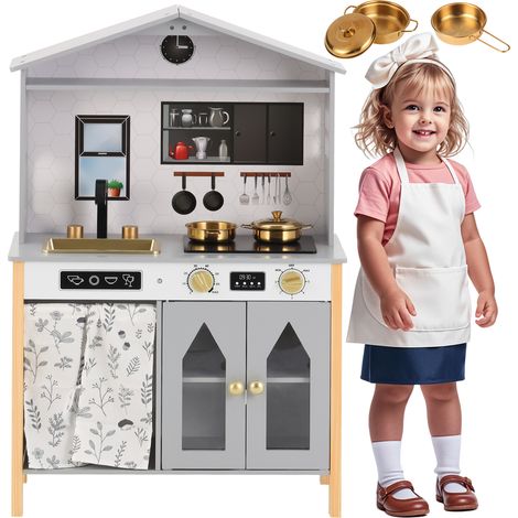 Cuisine jouet créative pour enfants dès 3 ans - Design maison avec accessoires et effets surprises - Matériaux bois et plastique - Couleur grise - Dimensions 28,5 x 60 x 92 cm (1/5)