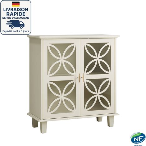 Aparador con 2 puertas de cristal templado - Decoración de marco de pétalos - Estilo bohemio chic - 80 x 38 x 87 cm - Estantes ajustables - MDF - Madera certificada PEFC - Color crema (1/5)