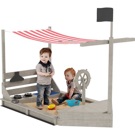 Sandkasten mit Piratensegel und Sonnendach, inklusive Kinderküche, aus Massivholz, Maße 180 x 103 x 144,5 cm, graue Farbe