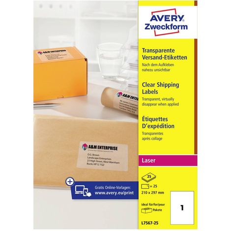 Avery-Zweckform L7567-25 Etichetta per indirizzo 210 x 297 mm Pellicola in poliestere Trasparente 25 pz. A tenuta perma (1/5)