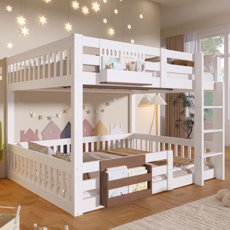 Lit superposé, 140 x 200 cm, compartiments de rangement, barrière de sécurité, échelle, sans matelas, blanc, lit enfant avec rangement, sommier à lattes inclus, design moderne et fonctionnel