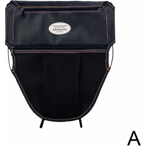 Sacoche de selle de moto en maille noire (M) avec surpiqûres orange et double poche zippée, respirante, pour scooters et vélos électriques. (1/5)