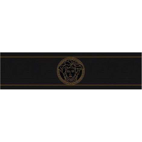 Empapelado de lujo exclusivo Profhome 935224 cenefa ligeramente texturado con dibujo gráfico brillante negro oro 0,65 m2