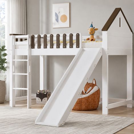 DESMIU Lit mezzanine Lit simple avec toboggan, echelle droite 3 marches et barrieres, 90 × 200 cm, sans matelas (1/5)