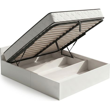 Lit coffre 160x200 cm sommier relevable en métal et matelas à ressorts Blanc (1/5)