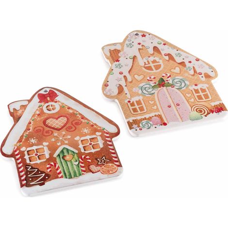 Dessous de plat de Noël maisonnette pain d'épices en céramique, base en liège, à suspendre ou poser, set de 6, 18 x H. 22 cm