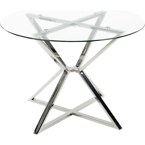 Mesa de comedor de vidrio templado transparente plateado 105 cm patas metal Bosco
