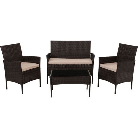 Set da salotto da giardino a 4 posti con tavolo in vetro e resina intrecciata marrone e cuscini color crema 040009738