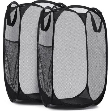 Panier à linge pliable en filet pratique avec large ouverture et poches latérales — respirant, robuste, pliable et peu encombrant, parfait pour les vêtements et le rangement (Noir Lot de 2) (1/5)