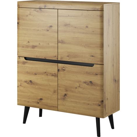 Commode SUDBURRY NK107 - Chêne - Accessoires Noirs - Spacieux - Largeur 107 cm, Hauteur 134 cm, Profondeur 40 cm (1/4)
