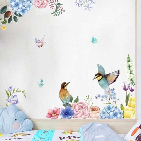 Sticker mural oiseau et fleur à l'encre, sticker pour vitre, papier peint pour la maison (1/4)