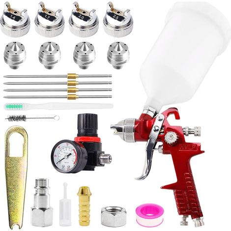 HVLP Pistolet à Peinture 4 Buses 1,4 mm 1,7 mm 2,0 mm 2,5 mm Pulvérisateurs de Peinture Alimentation par Gravité, 600cc Pistolet Peinture Air Comprimé (1/5)