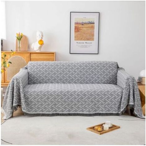 Jeté de canapé 180 x 230 cm – Tissage jacquard 3D gris et blanc – Avec pompons décoratifs – Lavable en machine à 30 °C (1/5)