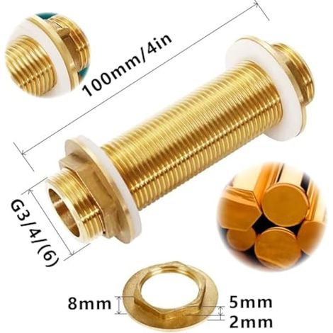 Raccord de Cloison en Laiton G3/4, 10cm Raccord Cloison en Laiton, Adaptateur de Tuyau avec 2 Joints en Silicone, pour Robinet Seau De Pluie de Pluie RéServoirs d'eau (1/5)