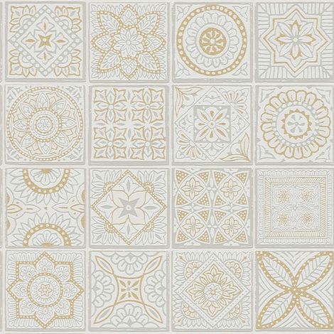 Papier peint à ornement gris clair et jaune Tapisserie aspect carreaux en mosaïque Papier peint style boho idéal couloir (1/4)