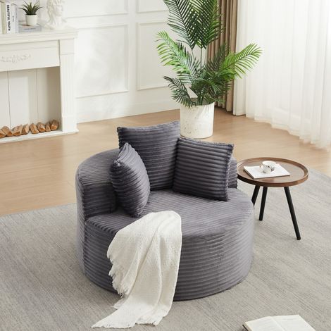 Fauteuil Simple Rond 110x110x82cm - Canapé Cabriolet Lounge Individuel Sans Montage en Velours Côtelé 3 Coussins - Gris (1/5)